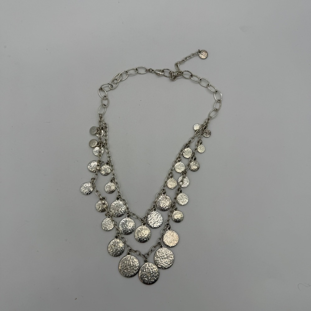 Talbots Womens Silver Tone Hammered Coin Multi Strand Statement Necklace